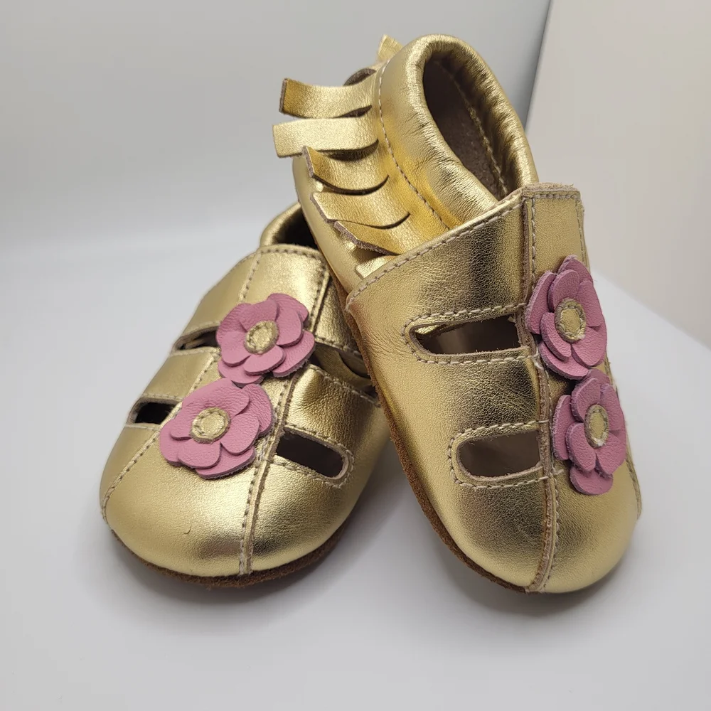 Charming Gold Moccasins with Pink Floral Accents